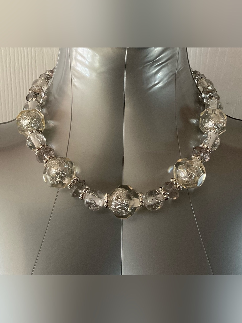 George Silver/Clear & Metal Beaded Necklace Lobster Clasp Dangle Signed.